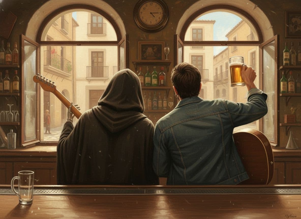 AI generated: ¿Me puedes dar esta imagen a color?
the Grim Reaper and a man sitting at the bar, viewed from behin...