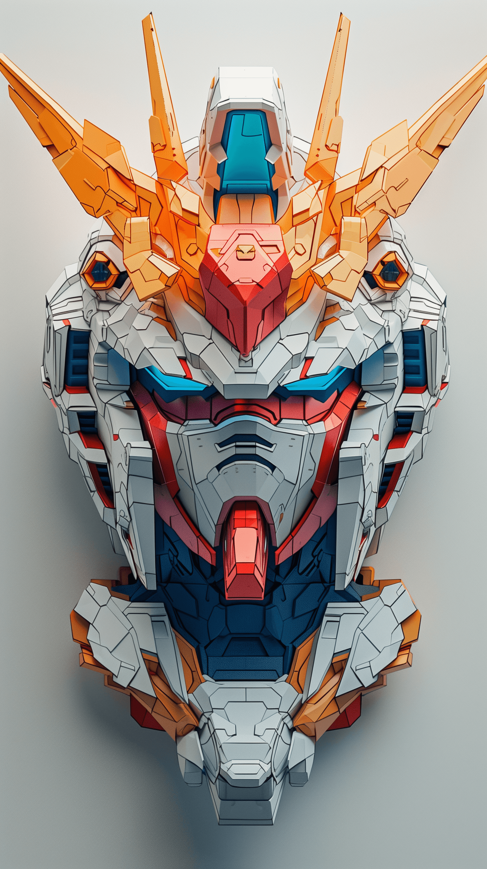 AI generated: 3d rendering, front view, Gundam face, paper work for a tactile style, select a color palette with v...