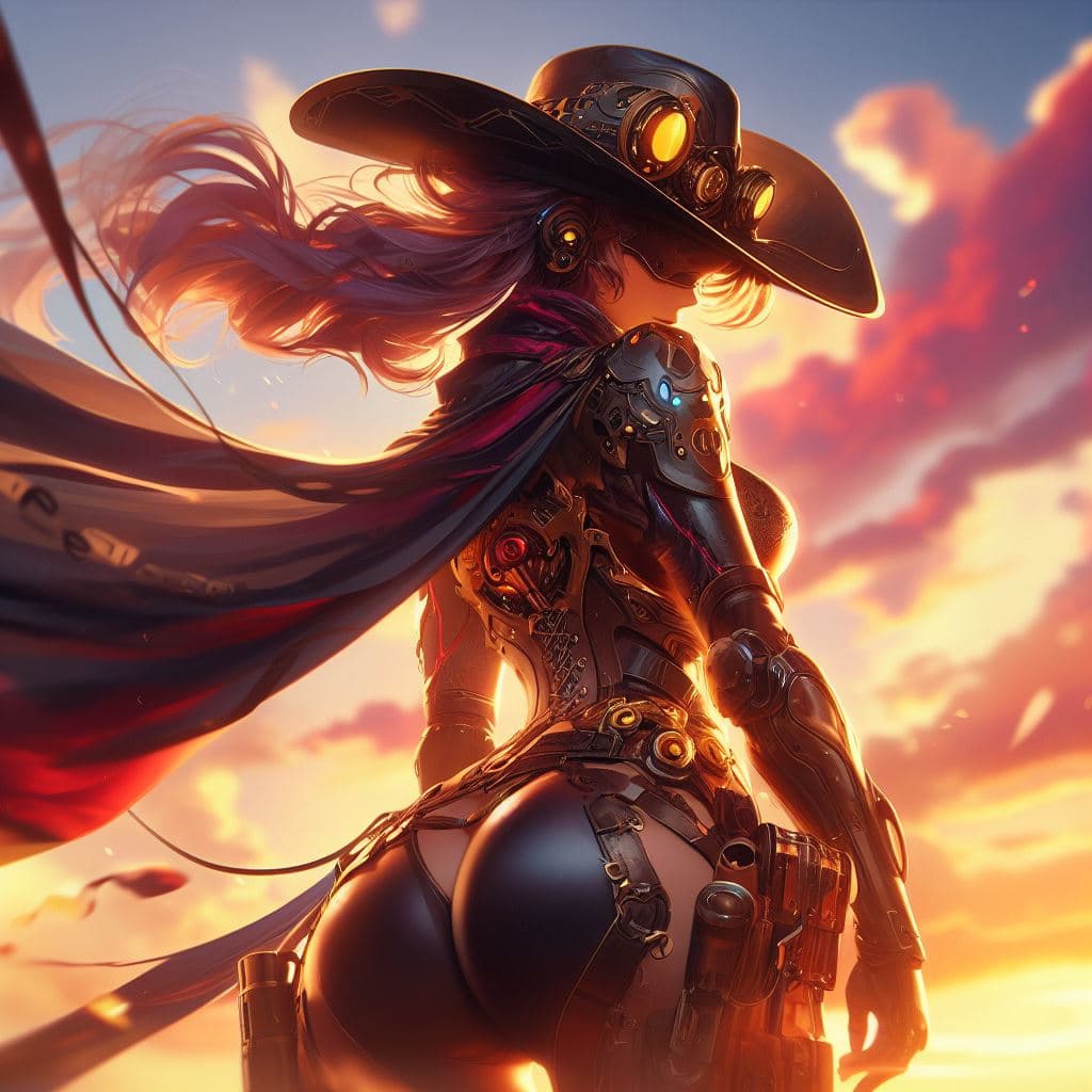 AI generated: a futuristic stunning steampunk cowgirl, looking backwards, back shot, dynamic pose, large field of ...
