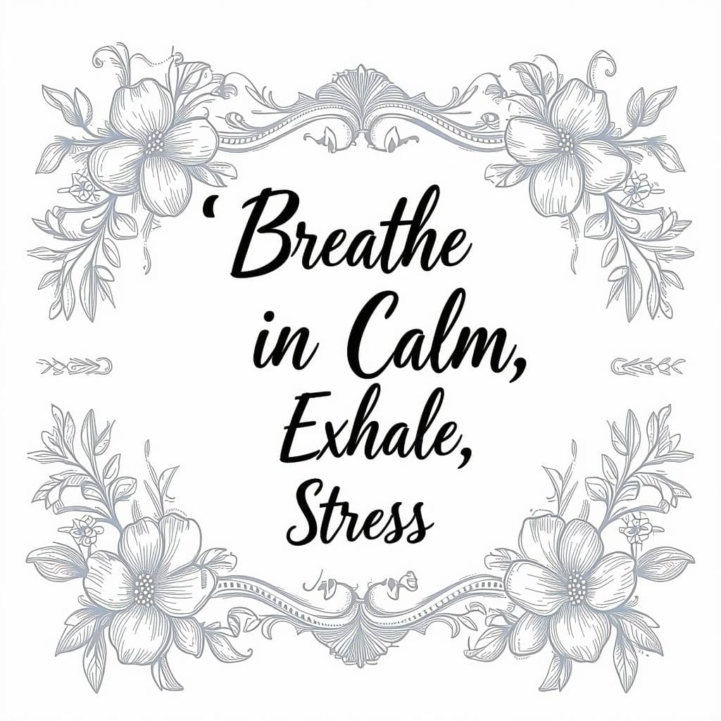 AI generated: Blank, simple illustration "The phrase 'Breathe in Calm, Exhale Stress' in elegant cursive font, sur...