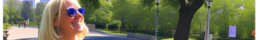 AI generated: This is a photograph of a woman posing outside in a city park while staring with her light blue eyes...