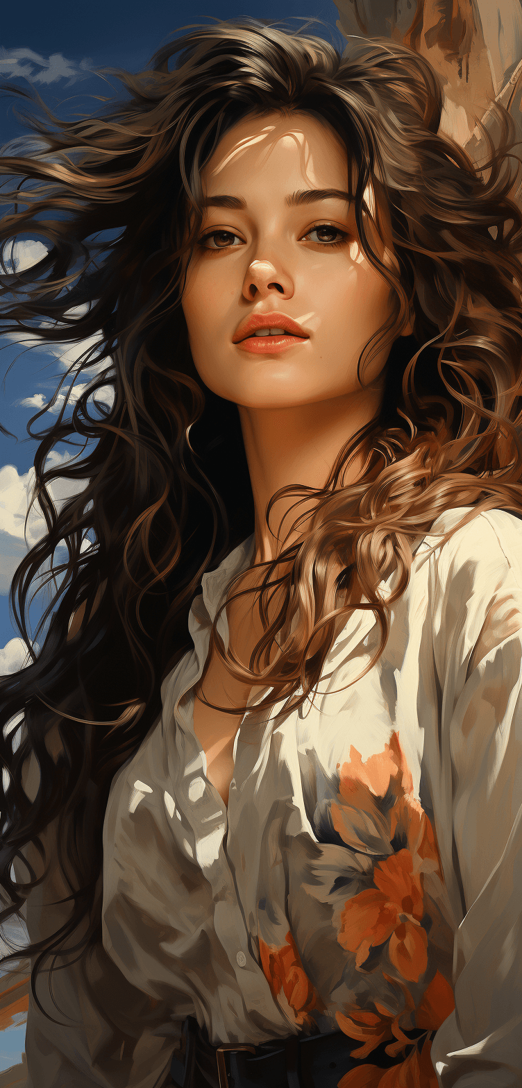AI generated: a gorgeous woman with long hair is looking at something, in the style of soft, blended brushstrokes,...