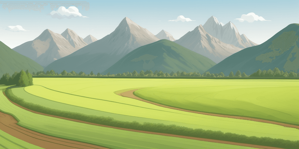 AI generated: cartoon a field with flat ditches against the background of mountains 