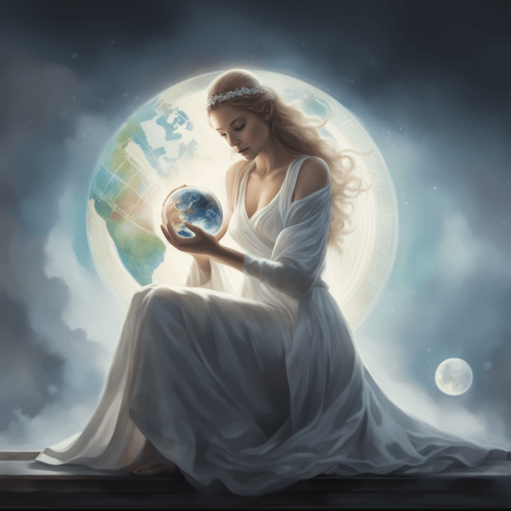 AI generated: there is a woman in a white dress holding a globe, earth goddess mythology, a woman holding an orb, ...