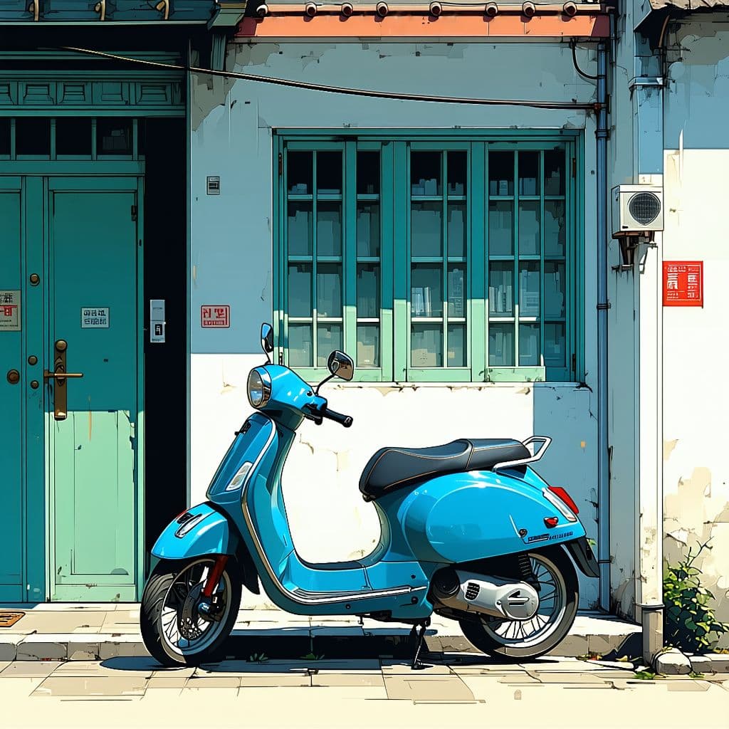 AI generated: A blue moped parked in front of an old building with windows, flat graphic novel illustration in the...