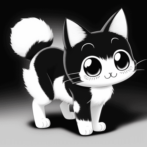 AI generated: Cute cartoon cat, smiling, big eyes, full body anime,{{{{{{black and white style}}}}}},no color