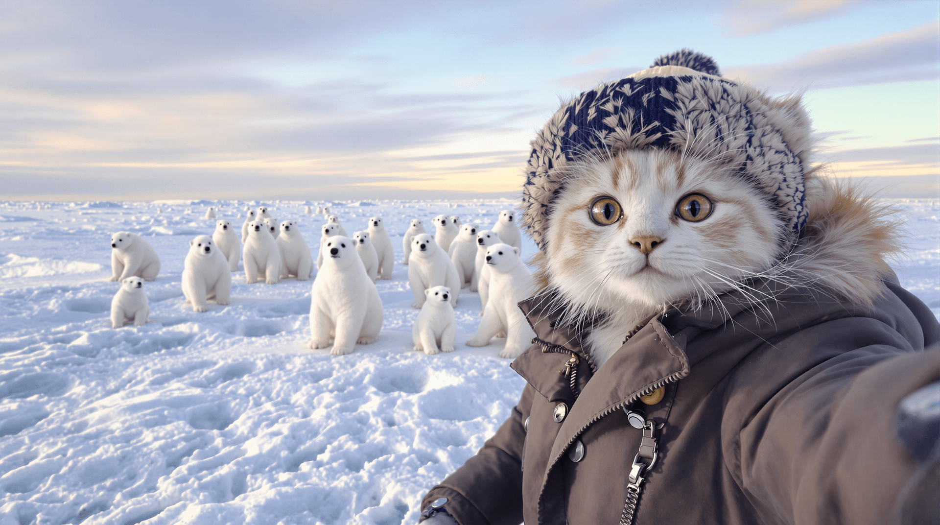AI generated:  In the snow, there is an ice field with many polar bears standing on it. A real cute baby cat weari...