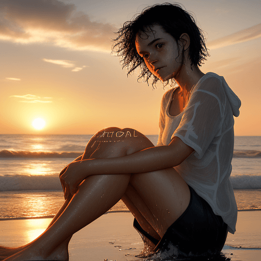 AI generated: realistic photo against the light at sunset, 17 year old girl with very short and wet black hair sit...