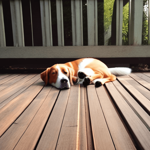 AI generated: dog outside on the old wooden deck sleeping  

