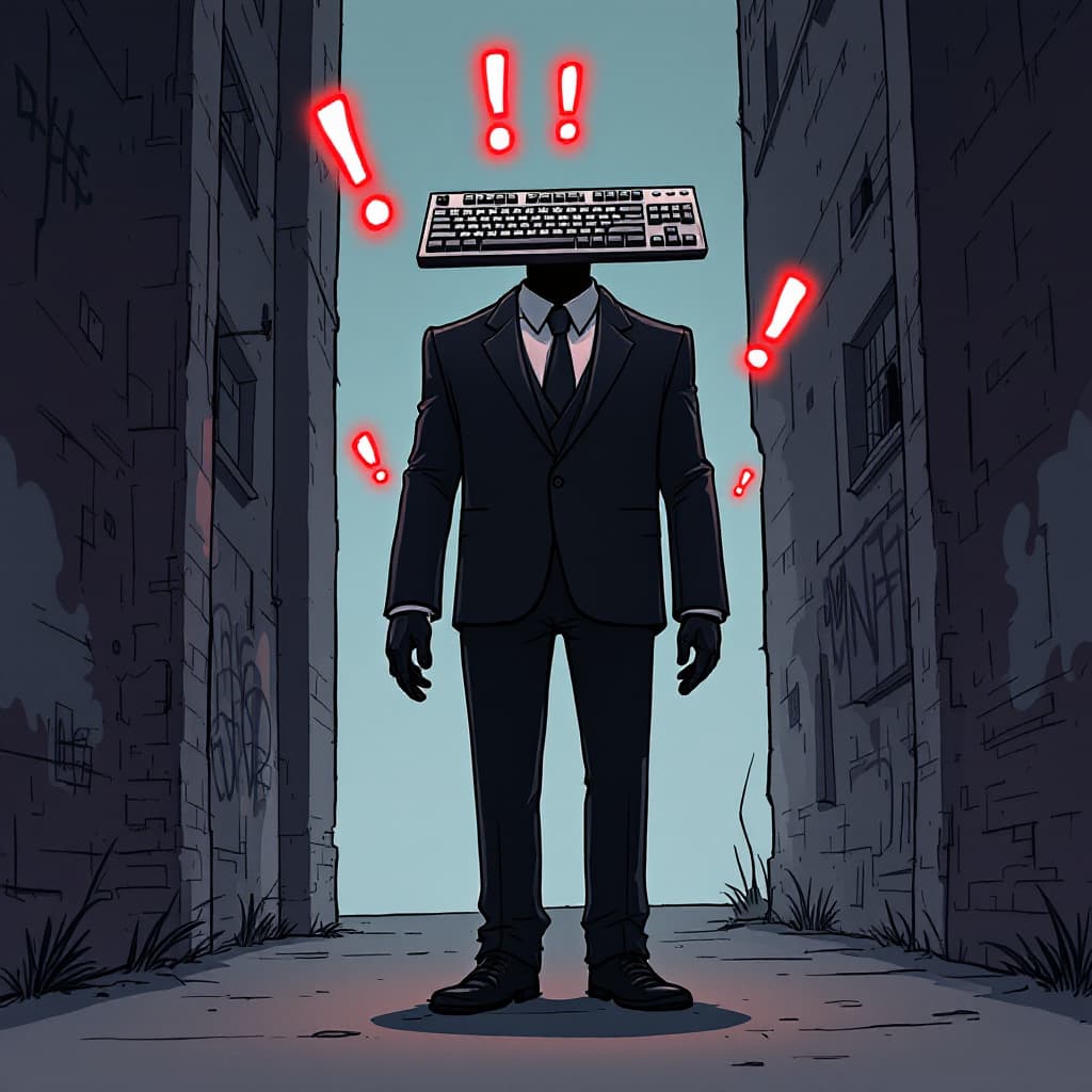 AI generated: a humanoid figure in a full-length formal suit, with curved shoulders and a computer keyboard floati...