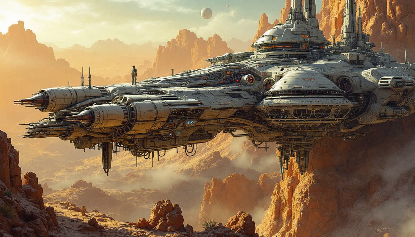 AI generated: Futuristic space station, in the style of Gerald Brom and Roger Dean, space opera concept art --c 25...