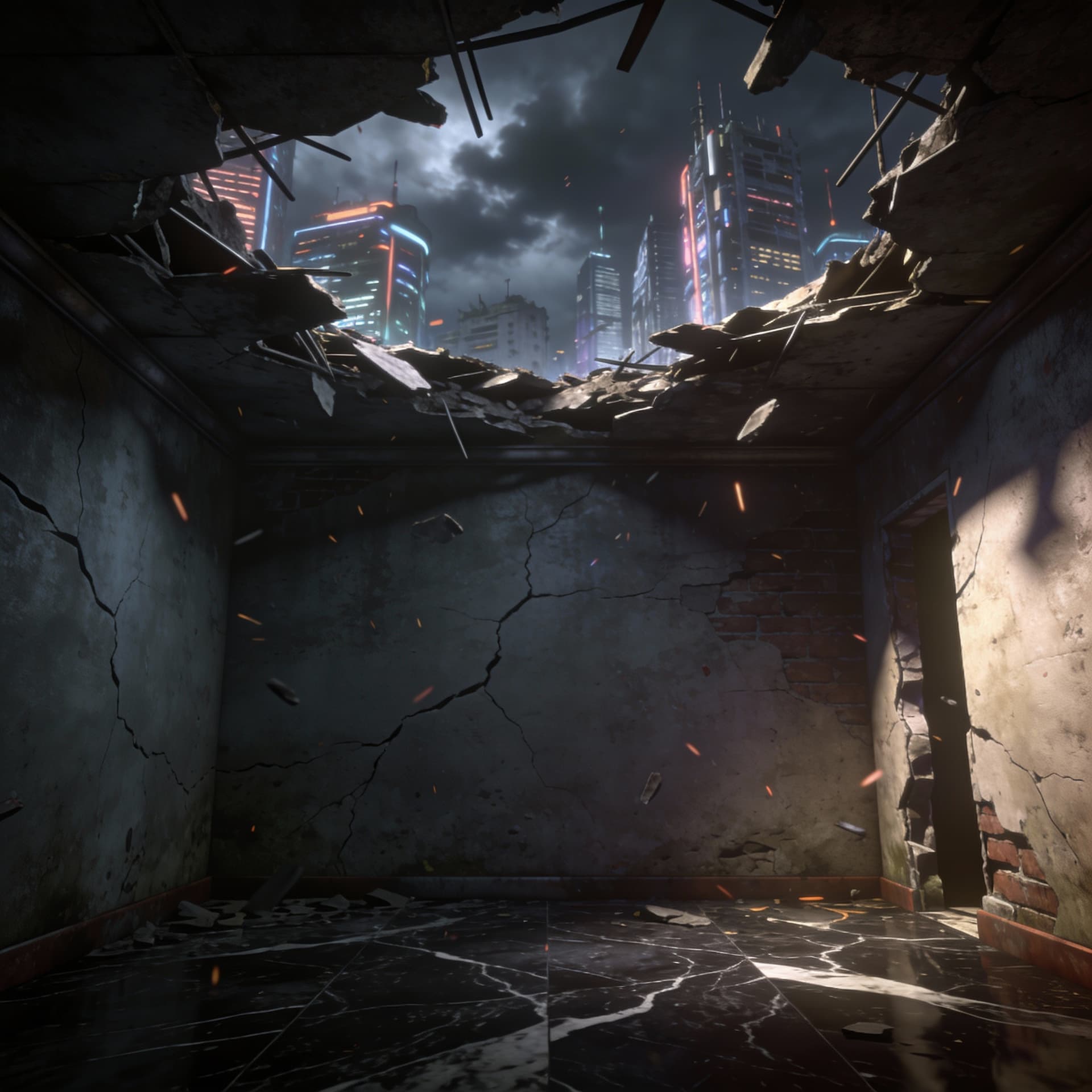 AI generated: A 3d illustrated scene of a destroyed abstract room that is missing it roof and parts of the wall, t...