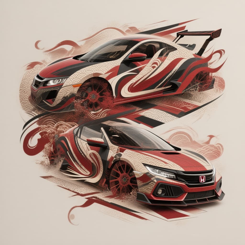 AI generated: A contemporary Asian-inspired graphic design of a 2011 Honda Civic SI Bouzouki style. The car is dec...