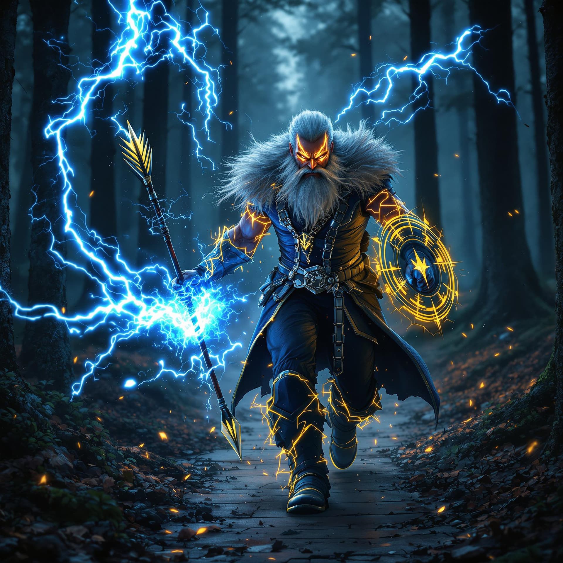 AI generated: russian uncle frost wearing rocker clothes is depicted in an action pose, swirling thunder  with an ...