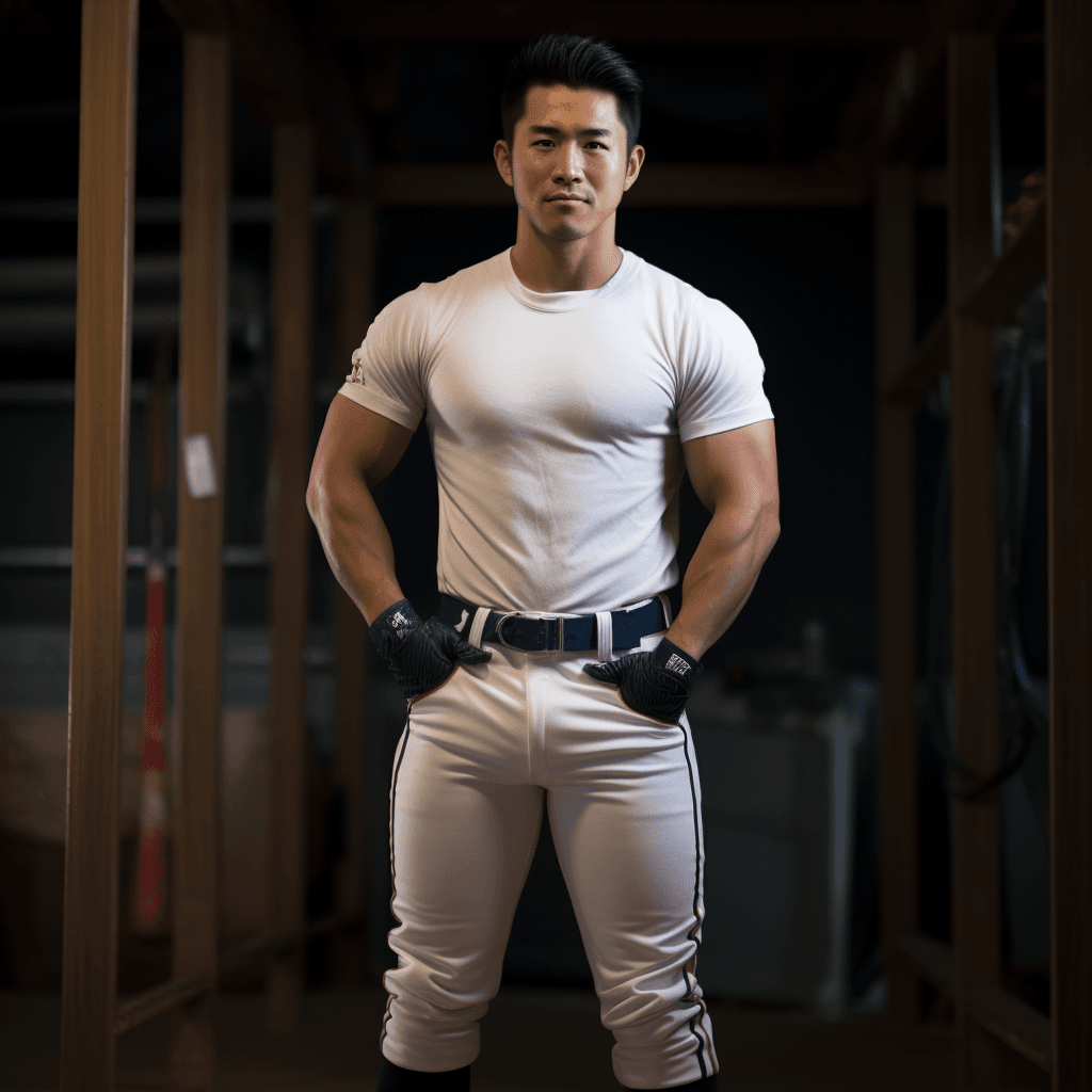 AI generated: Full-Body Shot - Head-to-toe view, japanese, baseball player, handsome, show legs, show feet. standi...