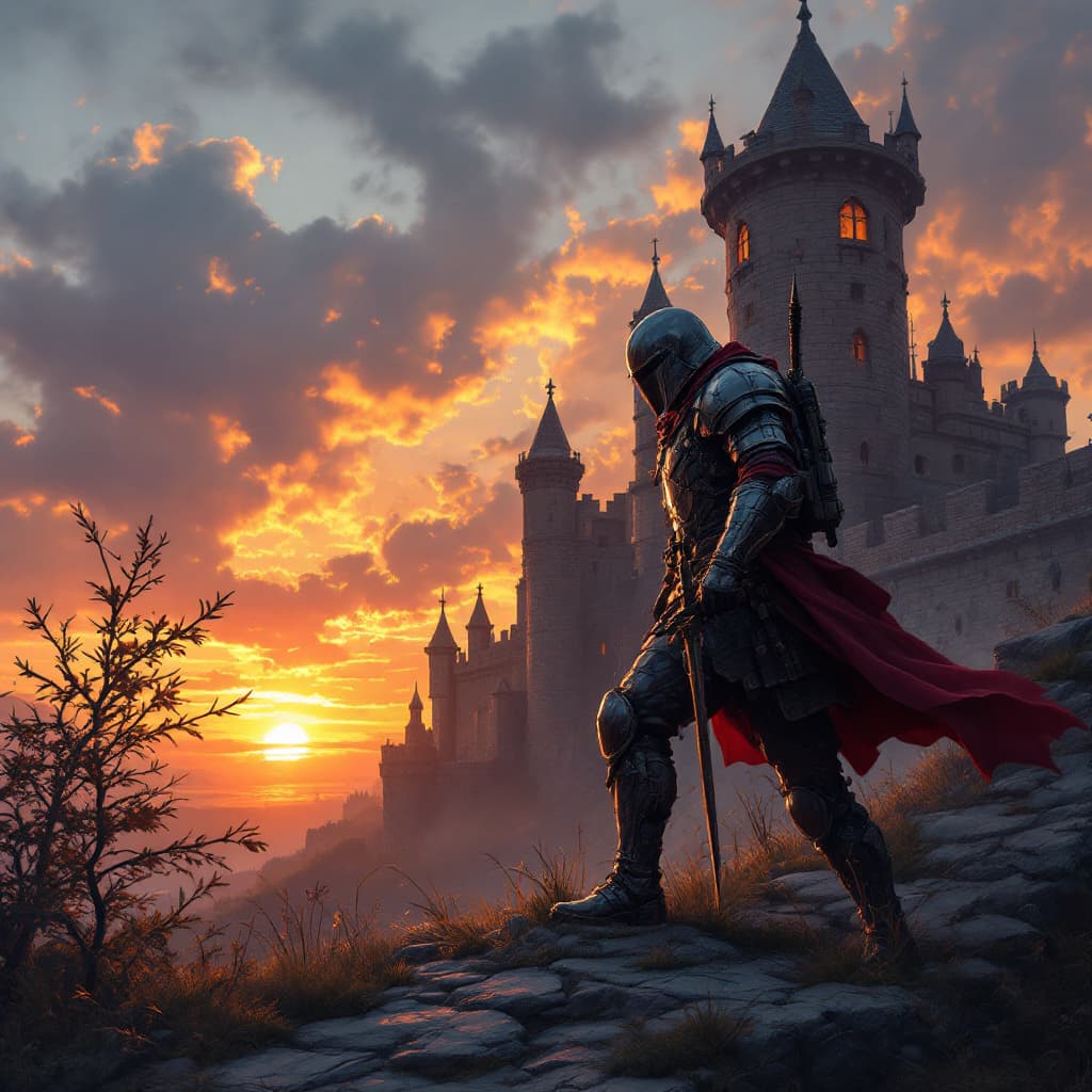 AI generated: soldier defending a castle at sunset