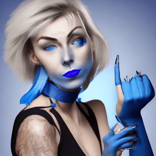AI generated: Woman, blue messy bob, blue lips, open mouth, closed eyes, blue Fingernails, blue smokey eyes, her n...
