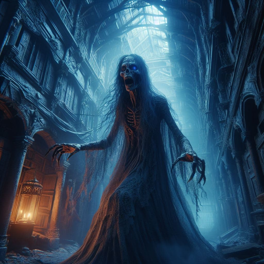 AI generated: fantasy and terrifying La Llorona (La Pleureuse) at night, in a dilapidated, ancient alley, intricat...