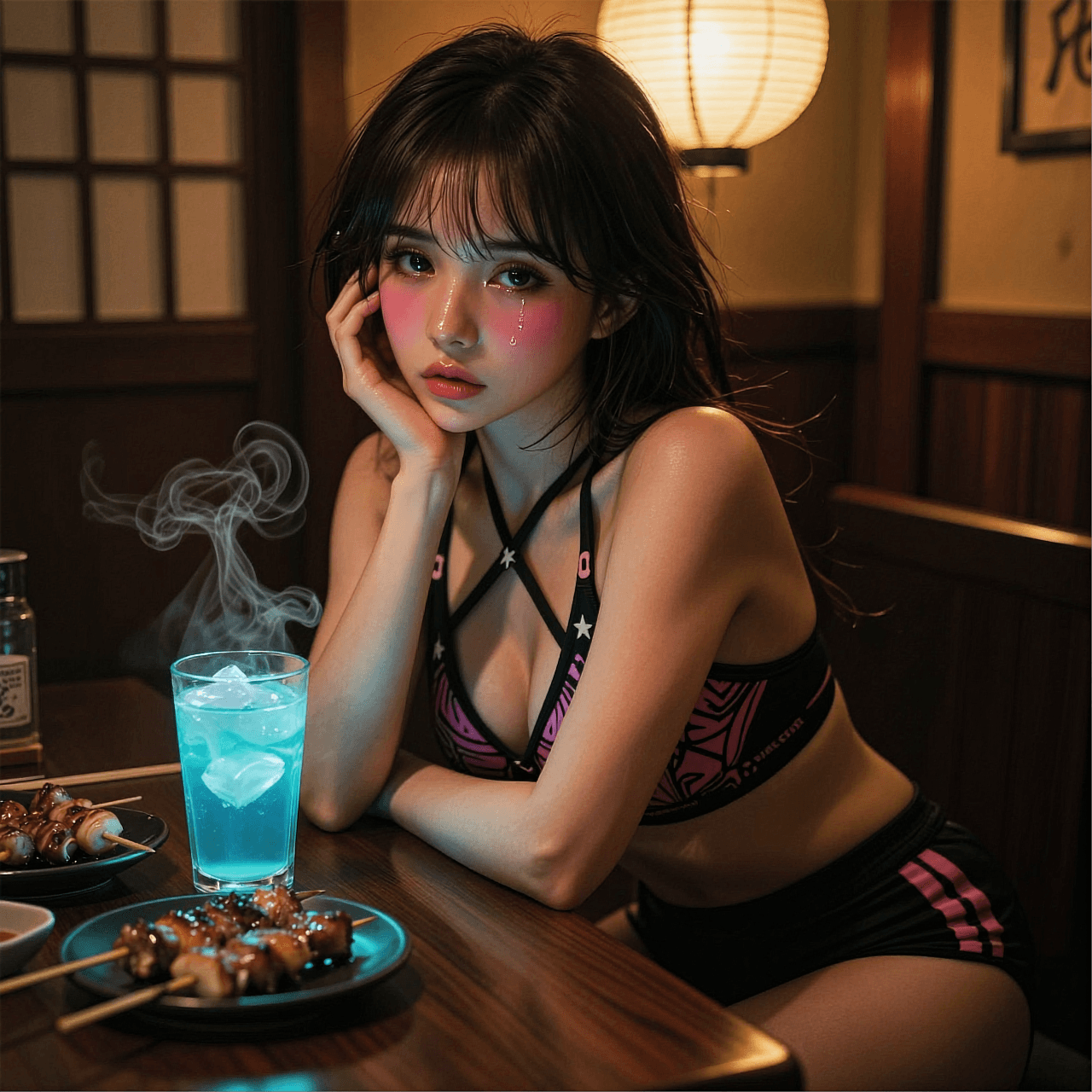 AI generated: A highly detailed, photorealistic, cinematic vertical medium shot of a beautiful young woman sitting...