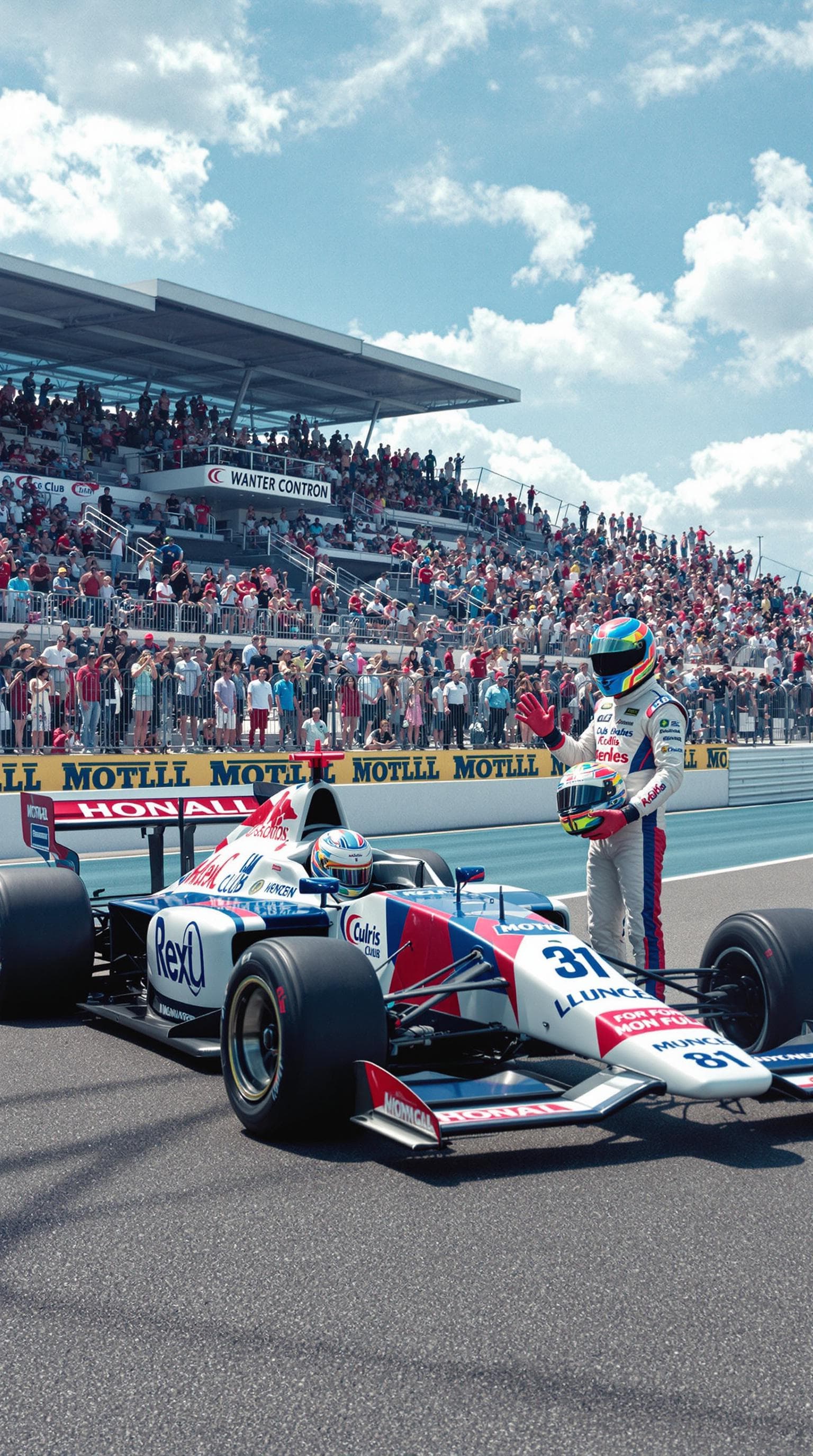 AI generated: Summer. On the race track there is a racing car with the logos of its club on the sides. A racing dr...