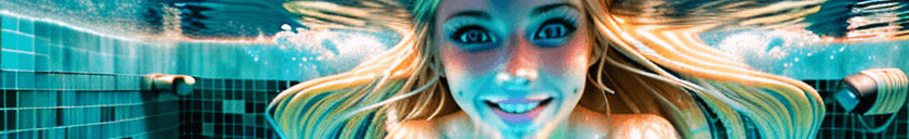 AI generated: HDR photo of underwater selfie, woman, long blonde hair, warm smile, swimming underwater in a tile p...
