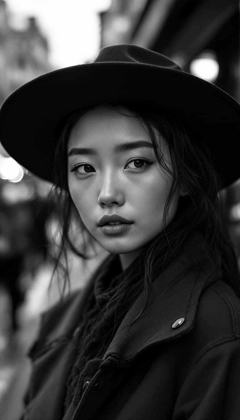 AI generated: ultra-realistic black and white photo of a beautiful Asian woman, shot on a Sony a7III, on the stree...