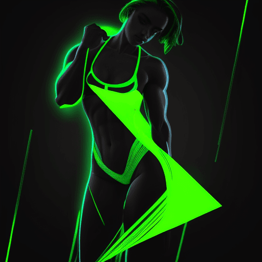 AI generated: neon green abstract lines masking a body, dark background, gym vibe