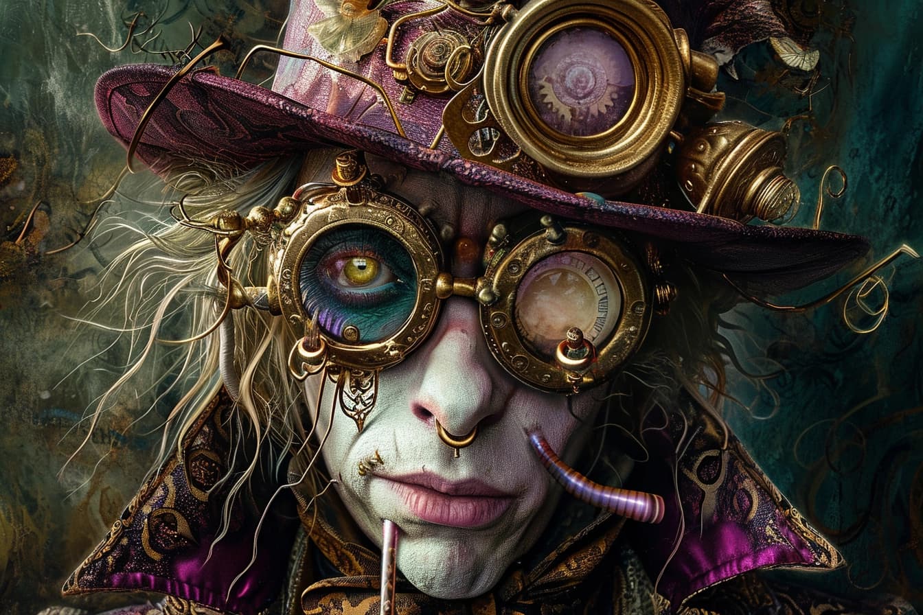 AI generated: Steampunk Wille Wonka, raw colors, chipotized, Tim Burton style, photo-realistic, intricate details ...