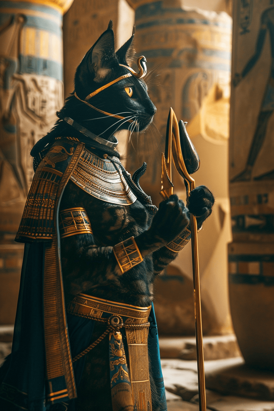 AI generated: Medium shot of Egyptian goddess Bastet in her anthropomorphic form holding an Ank in a temple hall p...