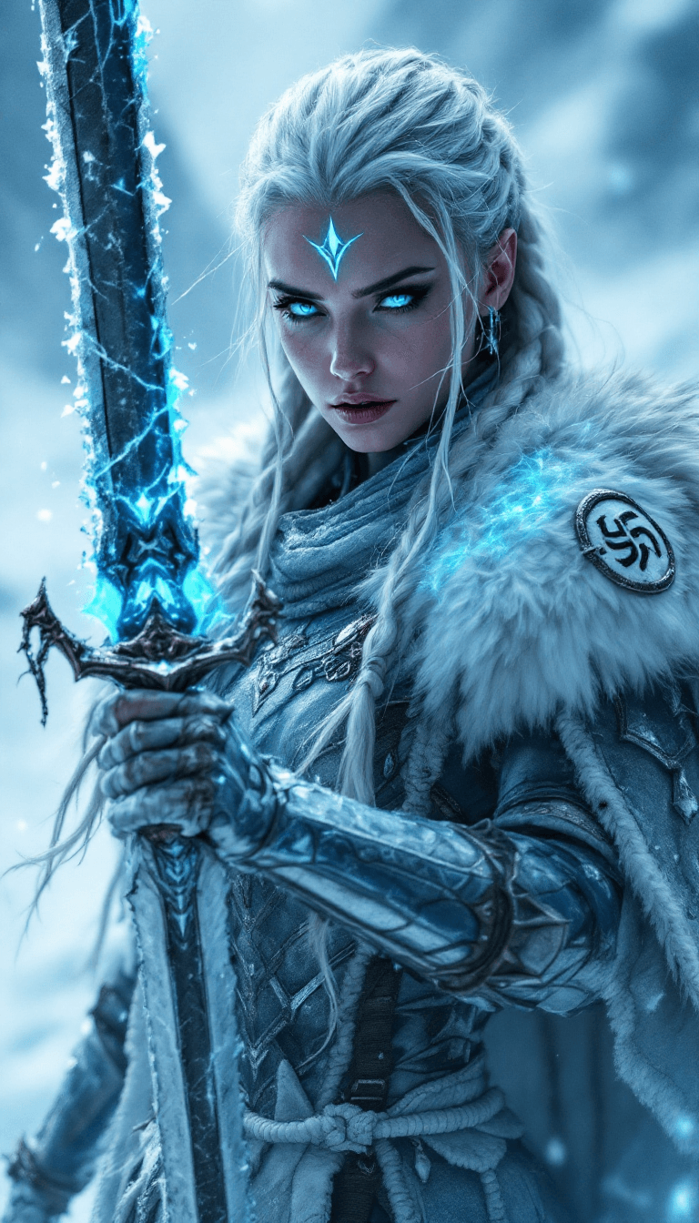AI generated: A cinematic digital artwork featuring a resilient, female frost warrior in a resolute yet weary, bat...