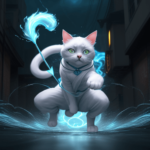 AI generated: an anthropomorphic cat wearing white linen is depicted in an action pose, swirling water with an arr...