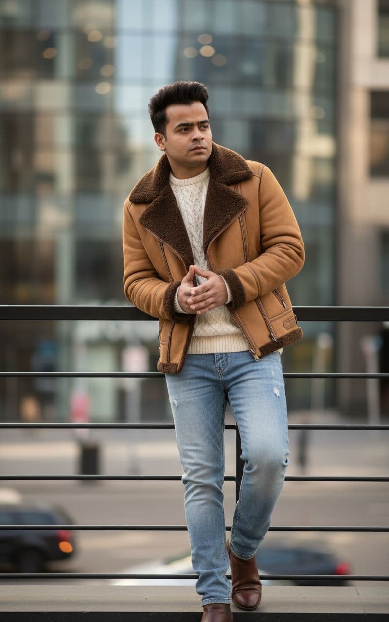 AI generated: A stylish male model standing outdoors against a modern urban backdrop. He is wearing a tan shearlin...