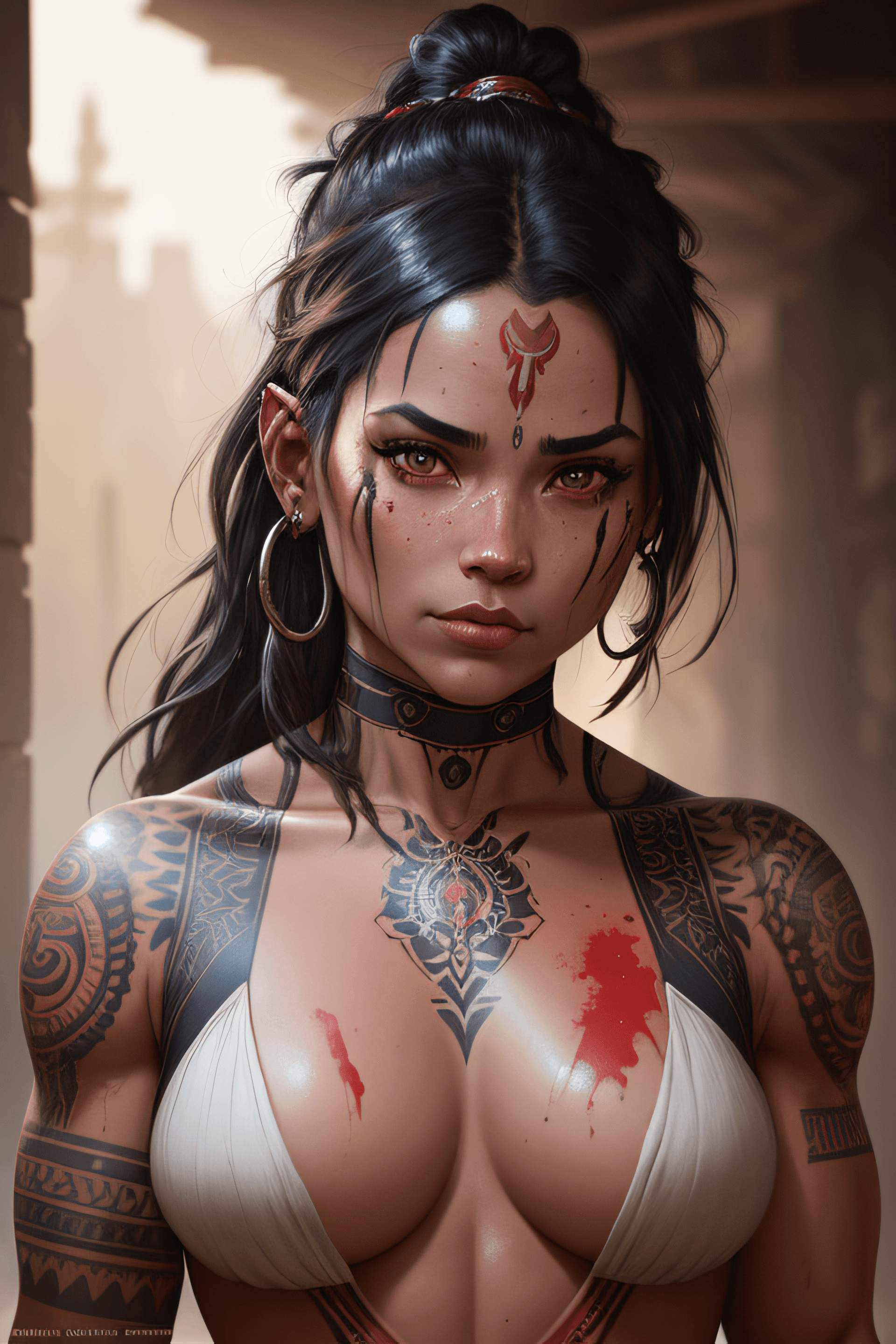 AI generated: portrait painting of a muscular bloodied tribal girl butcher, tattooed, ultra realistic, concept art...