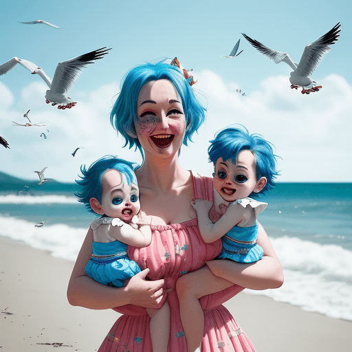 AI generated: clowdy face super-mom with blue hair pixar-like holding 3 babies pixar-like running along a virtual ...