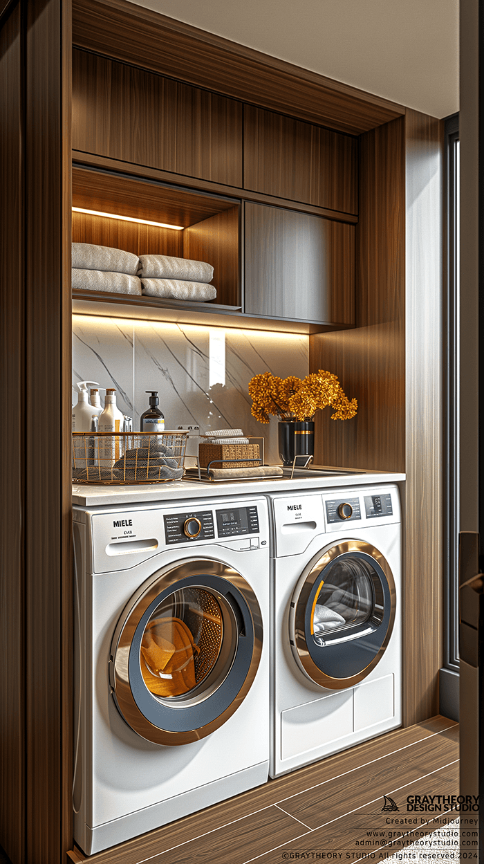 AI generated: photorealistic, front shot, minimalist laundry room