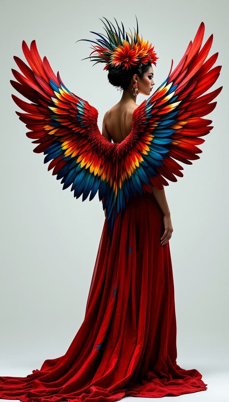 AI generated: An ultra-realistic, full-length attractive woman, her back the focal point, from which large, intric...