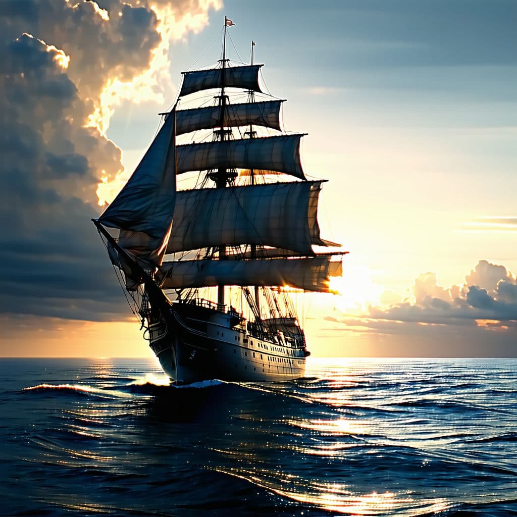 AI generated: Photo of a ultra realistic sailing ship, dramatic light, pale sunrise, cinematic lighting, battered,...