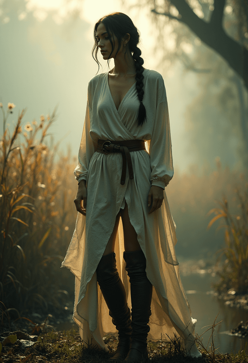 AI generated: A woman stands at the edge of a foggy forest, her figure shrouded in mystery as the misty atmosphere...