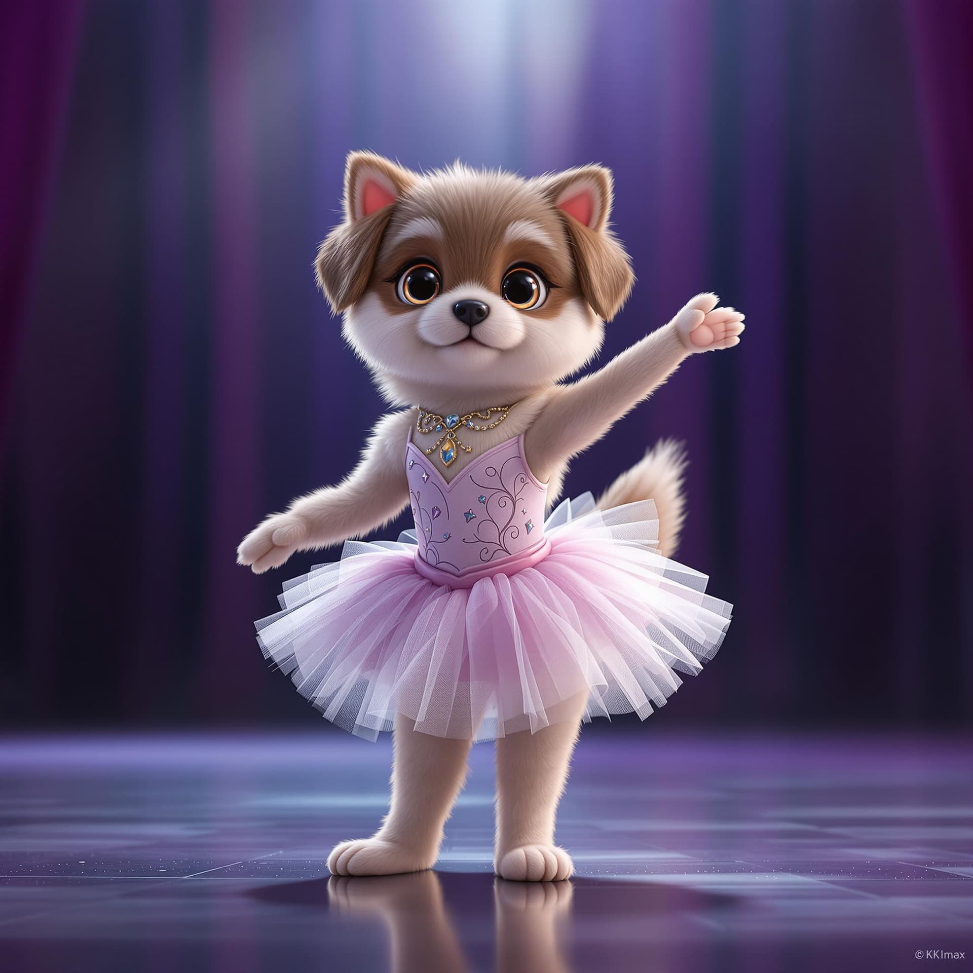 AI generated: A cute dancer dog standing like a person, dressed in a tutu full body, the background is a stage, in...