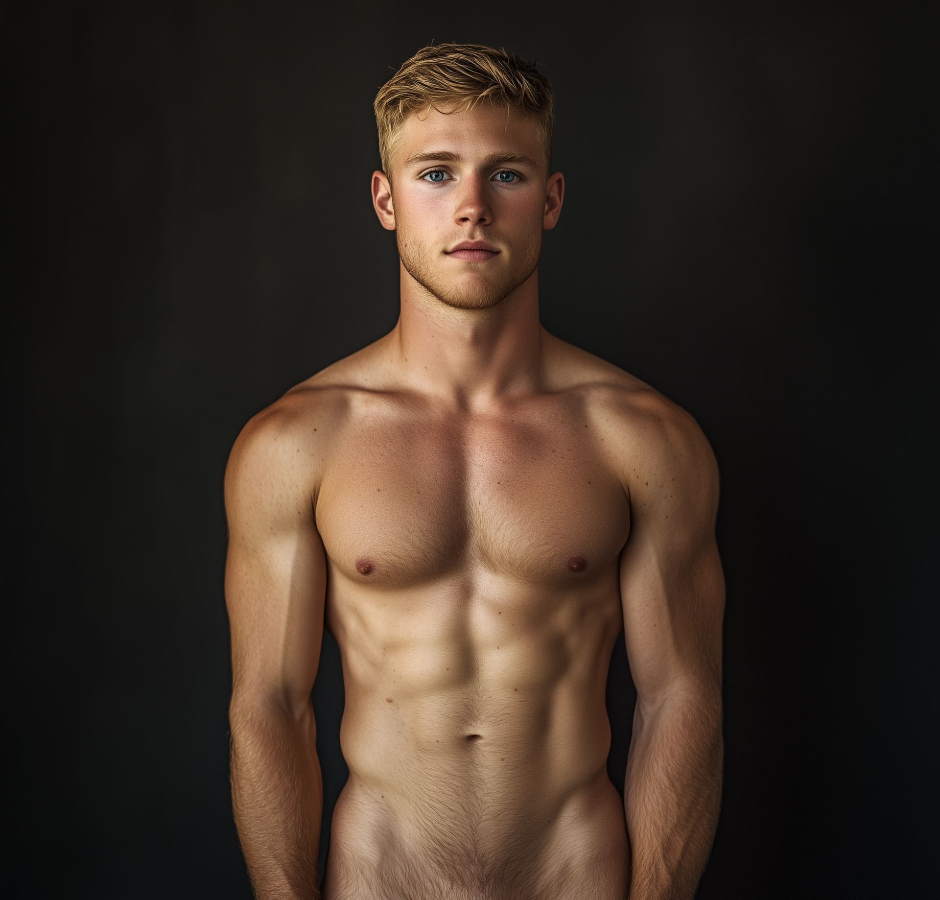 AI generated: 20-year-old male, short hair, fair skin, full shot, full-length portrait, wide field of view, center...