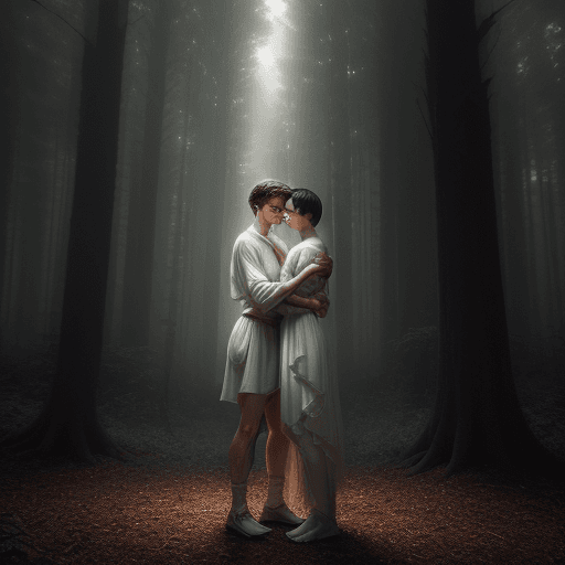 AI generated: mystical and beautiful woods, yung white boy, short dark hair, full body, strong body, young man, sh...