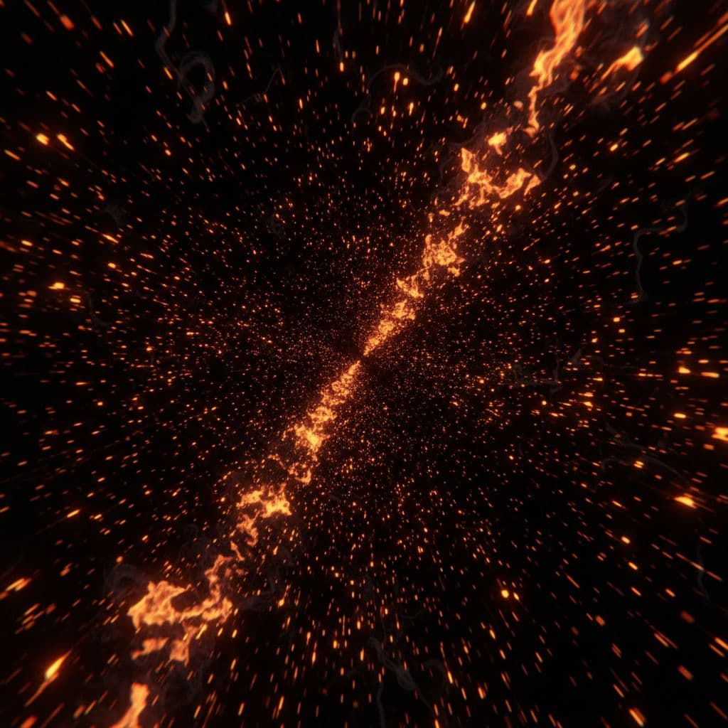 AI generated: SOME FLYING GLOWING FIRE 
PARTICLE, BLACK BACKGROUND, FLUCHTPUNKT PERSPEKTIVE
