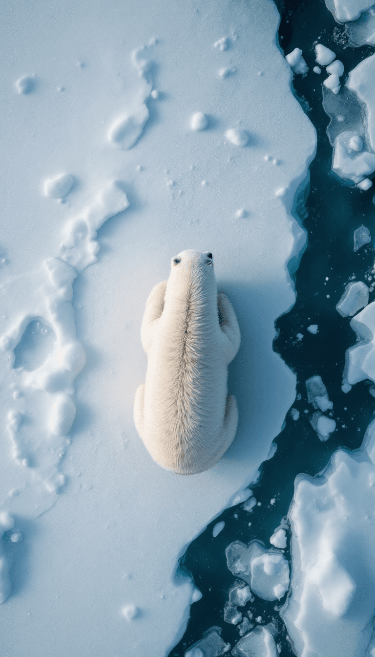 AI generated: Top down aerial shot looking down at a polar bear in a icy tundra --v 6.0 --style raw