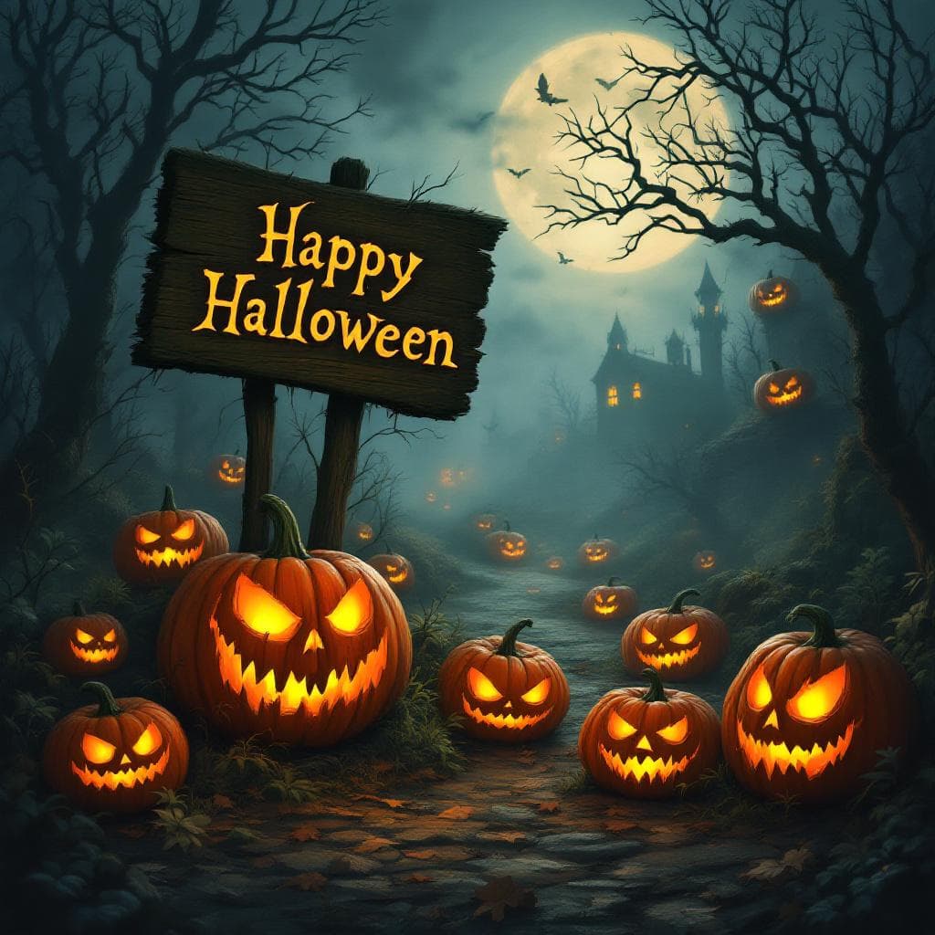 AI generated: dark horror halloween poster, creepy haunted pumpkins with glowing eyes, old wooden sign in the scen...