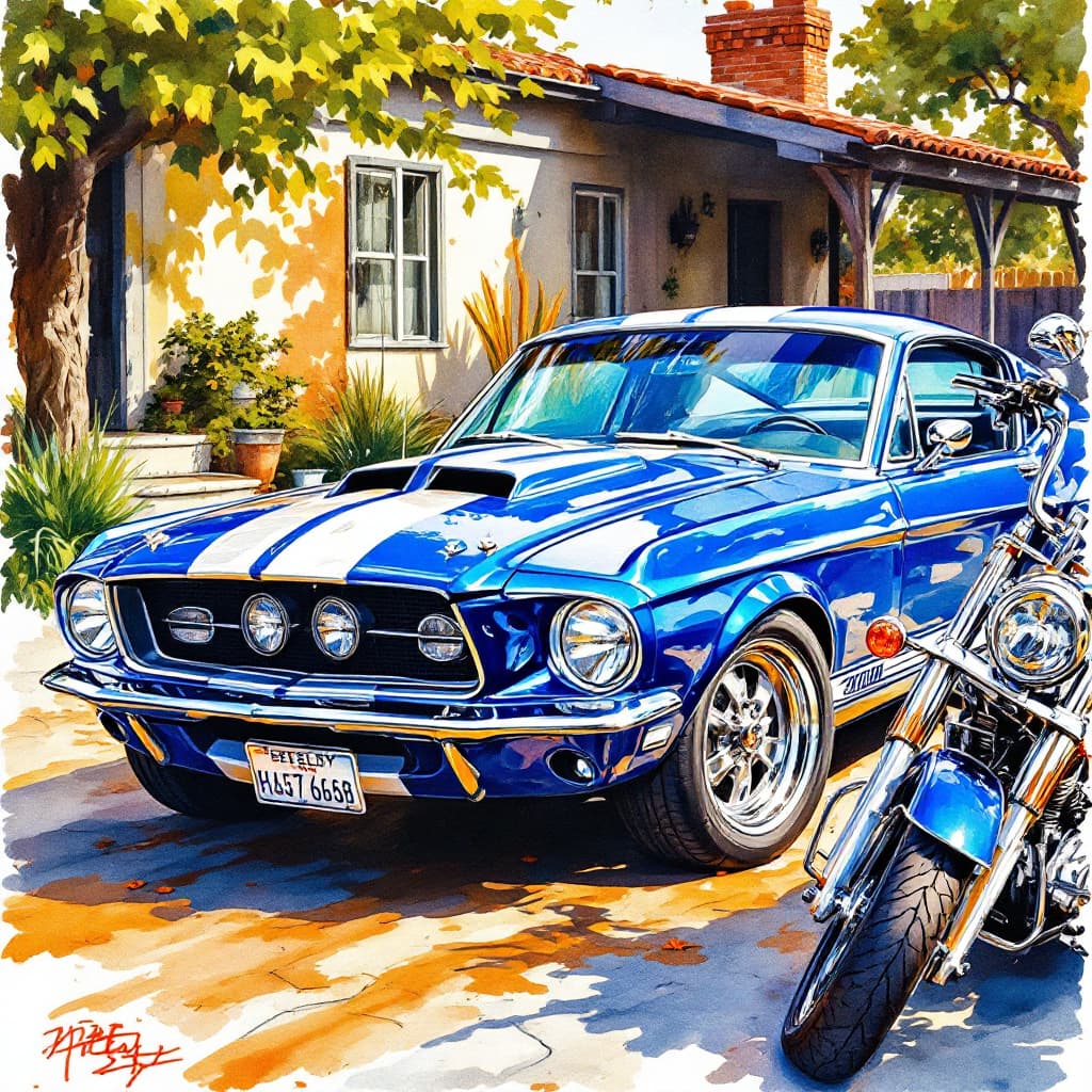AI generated: Watercolor and acrylic painting. Impressionism. Vehicle Portrait of a vintage BLUE 1967 Shelby Ford ...