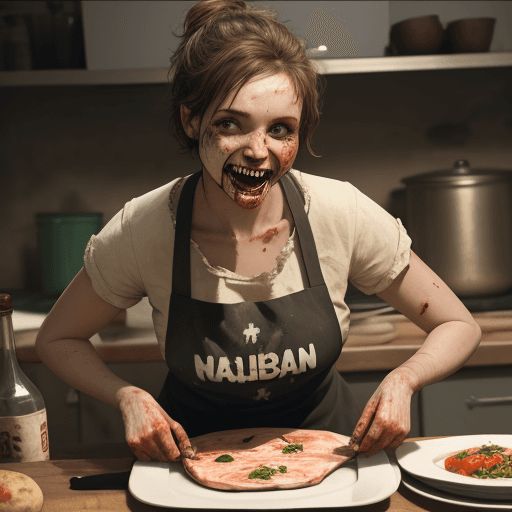 AI generated: woman making dinner, jugendstyle, plates on table, human remains, cannibal, commercial wide smile, f...