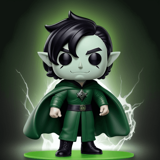 AI generated: funko pop, sorcerer, green clothes, white eyes, black hair,pointy ears, big smille
