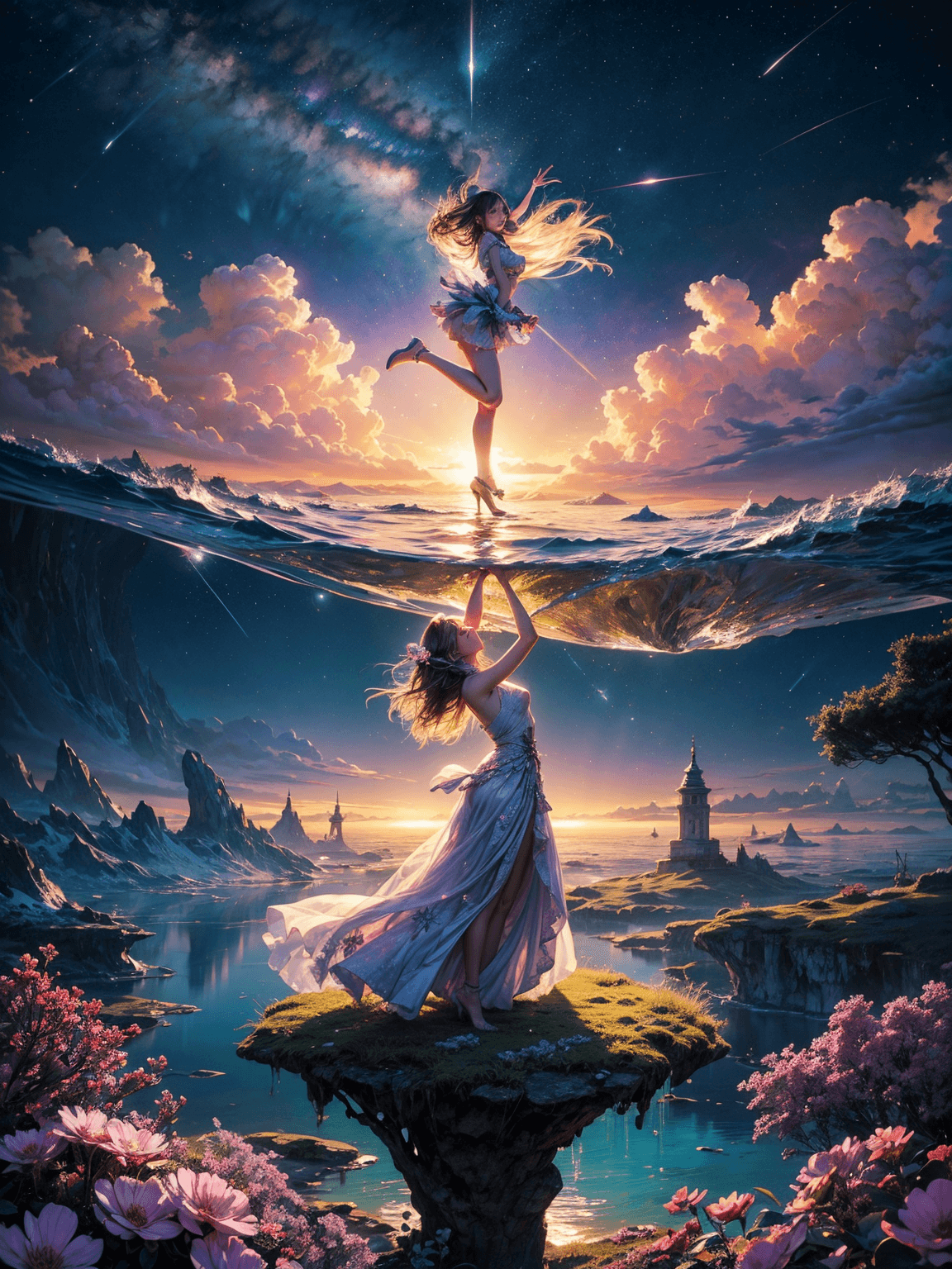 AI generated: In a fantastic, surreal world a scene of breathtaking beauty unfolds. Vibrant trees with iridescent ...