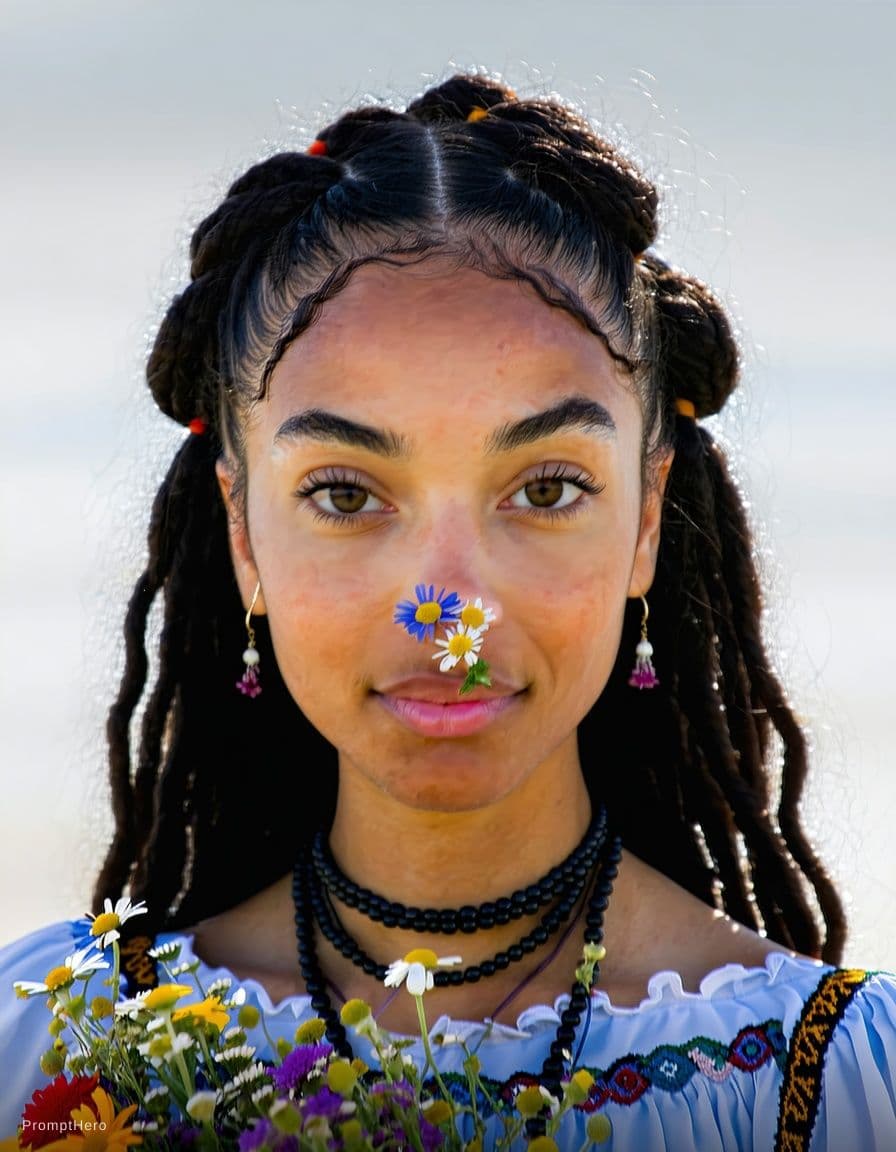 AI generated: A street photograph captures a lean olive-skinned young female with thick black curls pinned loosely...
