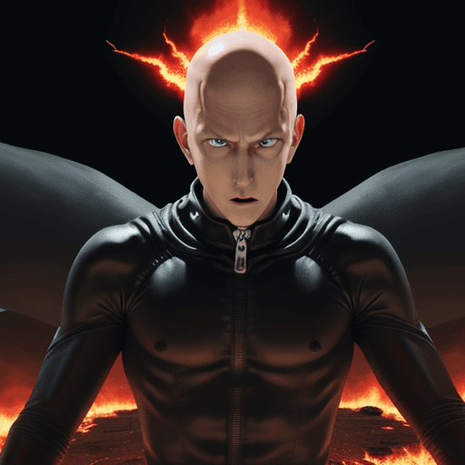AI generated: One Punch Man as Oppenheimer, destroyer of worlds, flames on the ground, darkness in his eyes, red t...